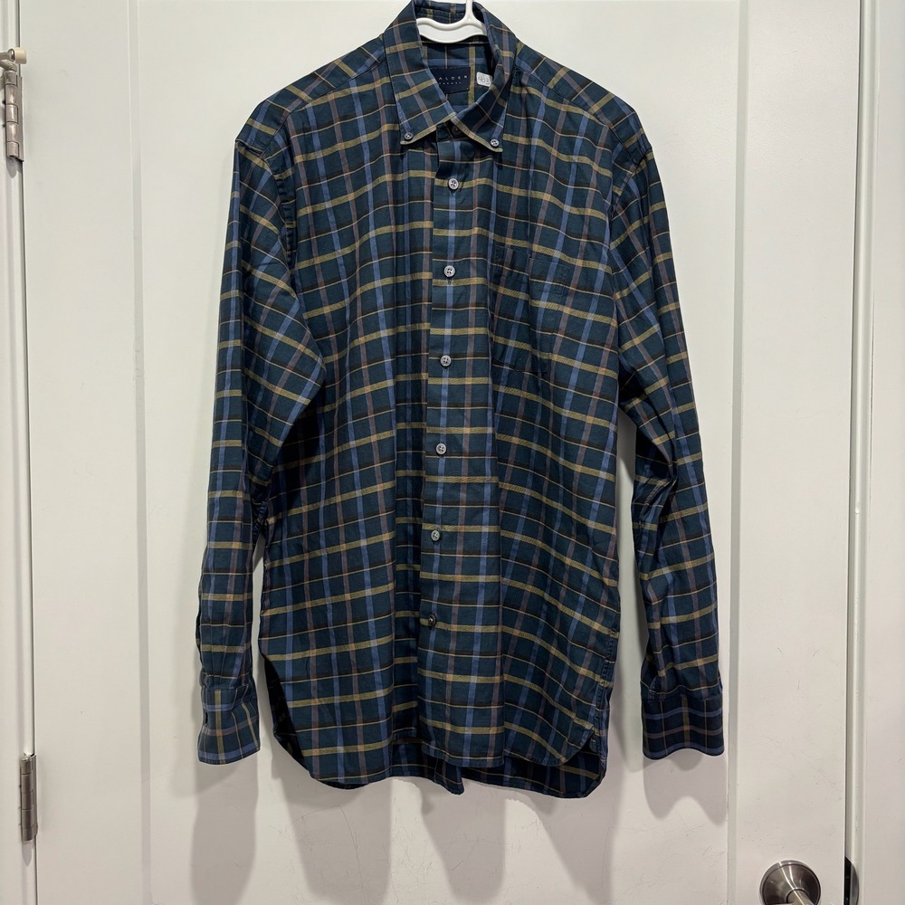 Calder Carmel Mens Blue Plaid Button Down Shirt 100% Cotton Large L Long Sleeve